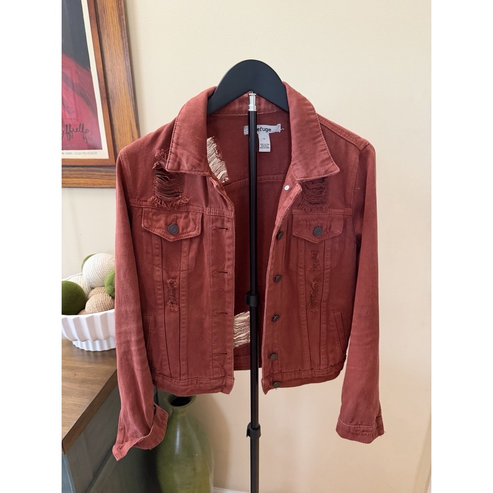 Refuge Womens Small Rust Distressed Denim Trucker Jacket Ripped Grunge